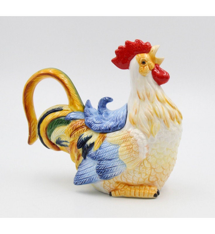 Golden Rooster Ceramic Teapot, Farmhouse Decor, Kitchen Rooster Tea Pot
