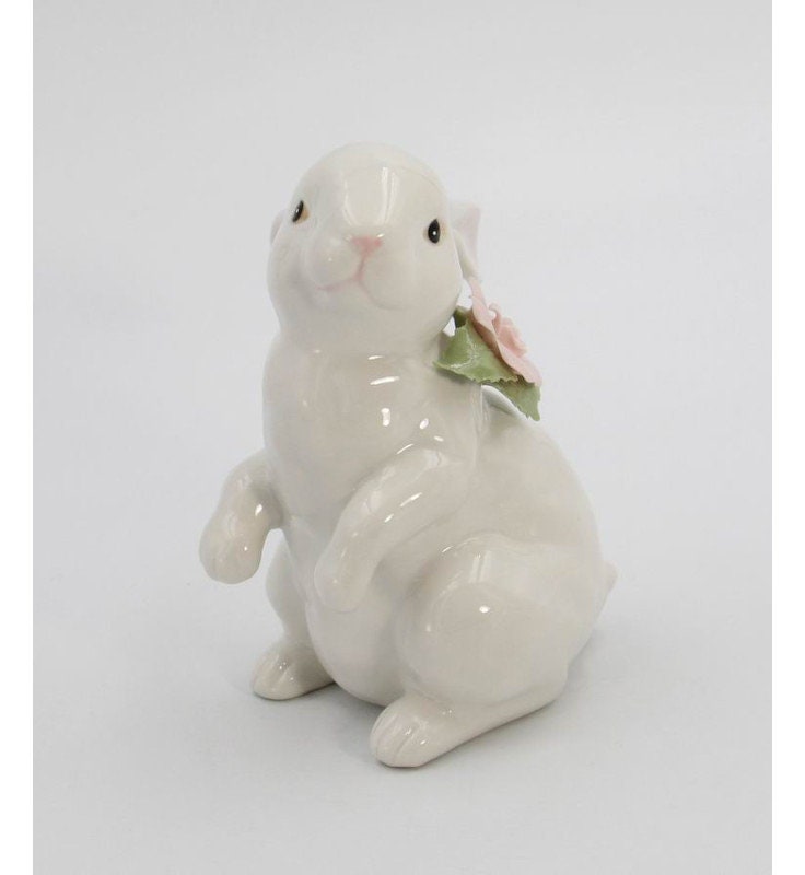 Bunny with Pink Rose Figurine, Home Accent, Easter Decor, Kitchen Decor