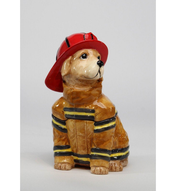 Firefighter Dog Cookie Jar, Home Accent, Farmhouse Decor, Kitchen Decor, Cookie Jar Ceramic, Cookie Jar Animal