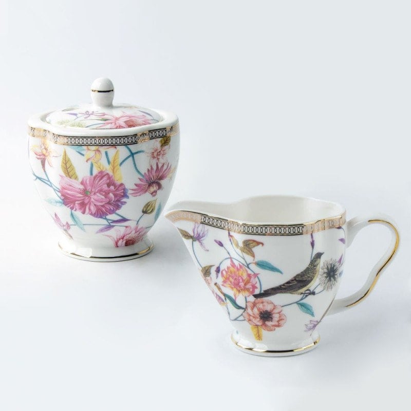 Blooms and Birds Creamer and Sugar Set, Porcelain with Metallic Decal, Gold Trim