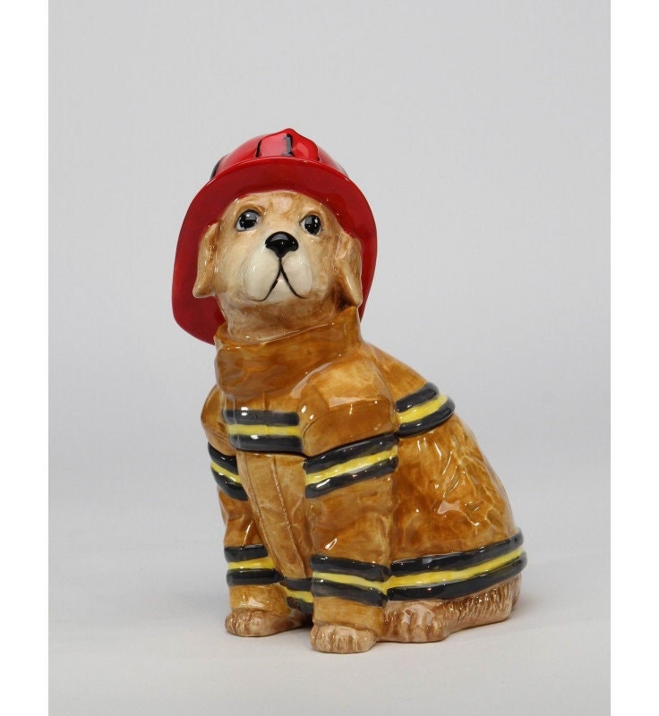 Firefighter Dog Cookie Jar, Home Accent, Farmhouse Decor, Kitchen Decor, Cookie Jar Ceramic, Cookie Jar Animal