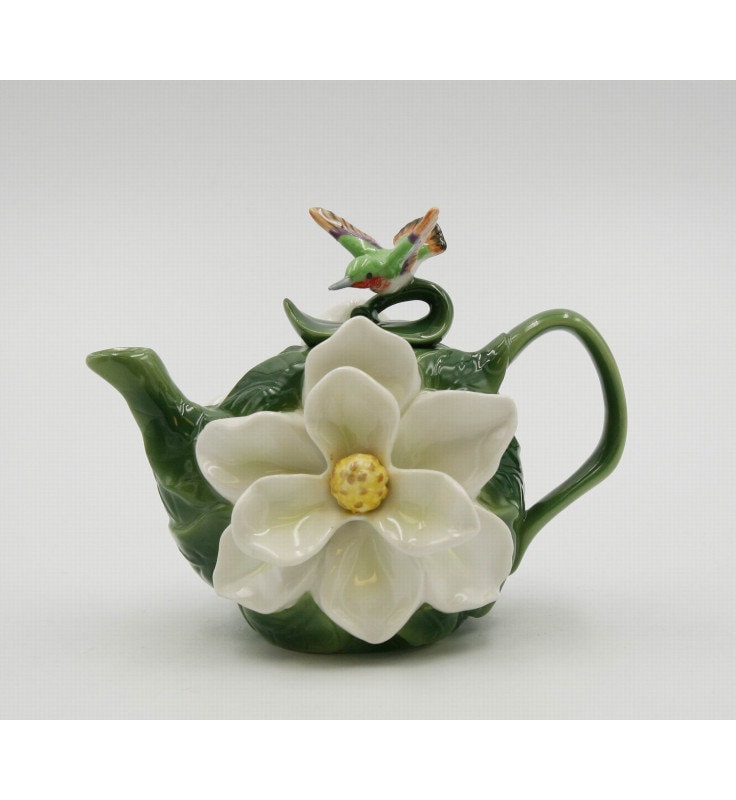 Magnolia and Hummingbird Floral Ceramic Teapot