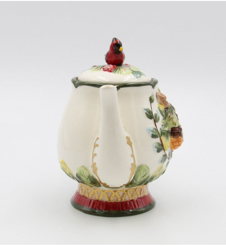 Evergreen Holly Teapot with Cardinal Knob, Hand-Painted Ceramic Tea Pot