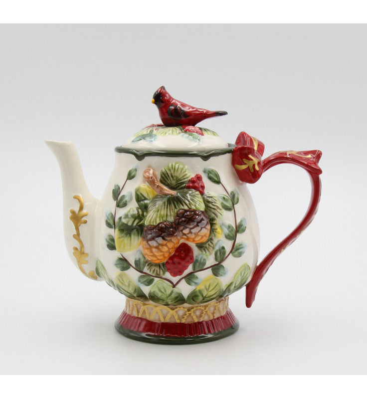 Evergreen Holly Teapot with Cardinal Knob, Hand-Painted Ceramic Tea Pot