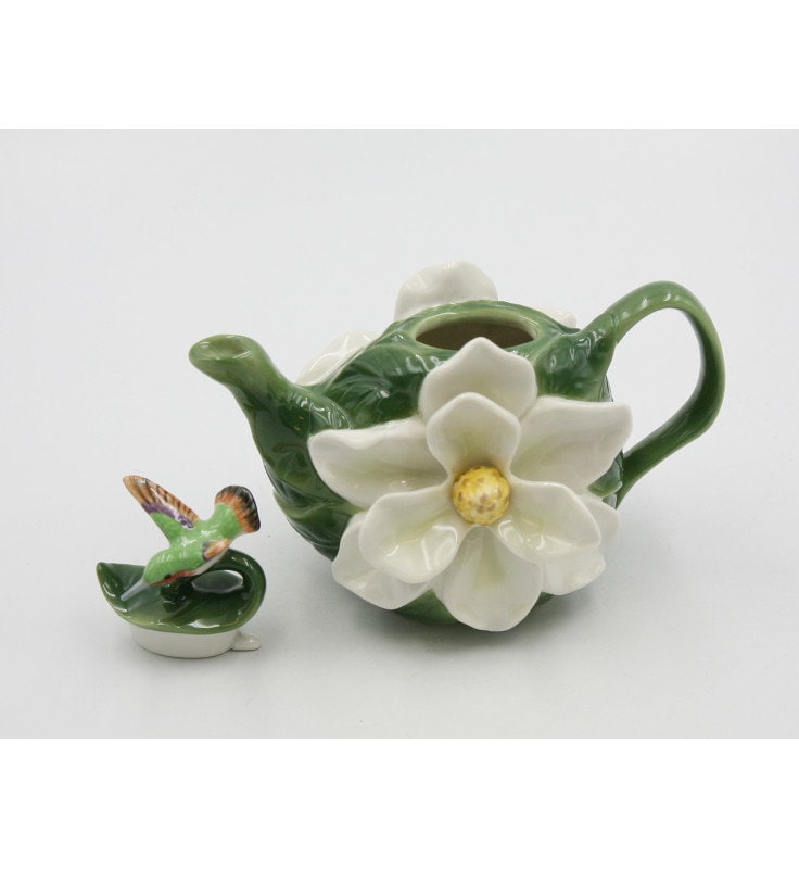 Magnolia and Hummingbird Floral Ceramic Teapot