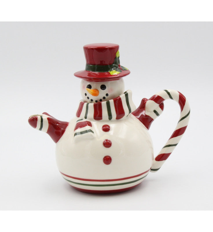 Snowman Ceramic Christmas Teapot with Candy Cane Handle - Holiday Tea Pot