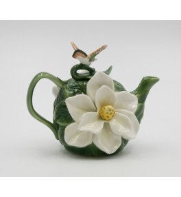 Magnolia and Hummingbird Floral Ceramic Teapot