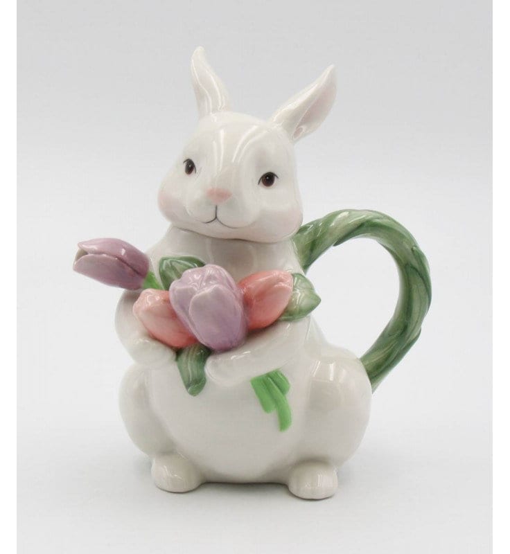 Bunny Rabbit and Tulips Porcelain Teapot, Unique Tea Pot