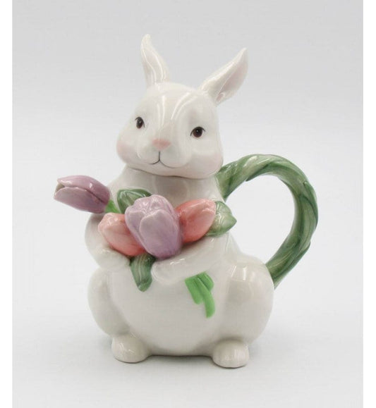Bunny Rabbit and Tulips Porcelain Teapot, Unique Tea Pot