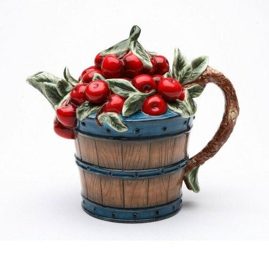 Cherries in a Barrel Ceramic Teapot. Collectible Tea Pot