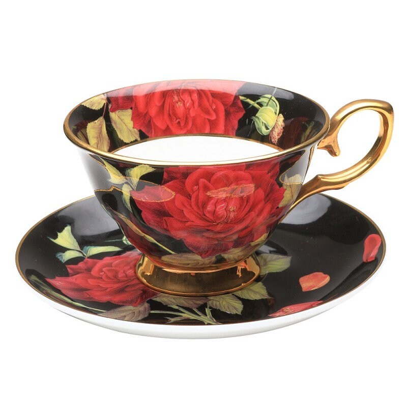 Golden Red Rose Bone China Cup and Saucer, Tea Cups and Saucers