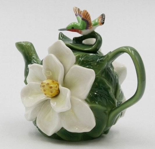 Magnolia and Hummingbird Floral Ceramic Teapot