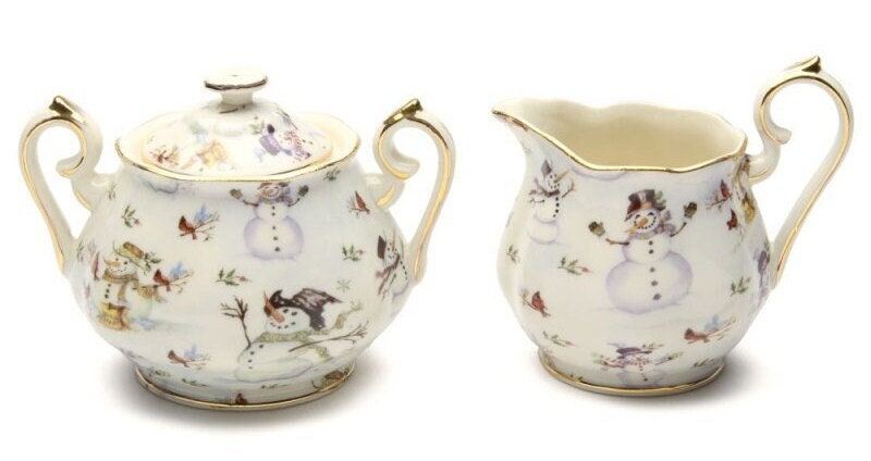 Snowman Creamer and Sugar Set, Porcelain with Metallic Decal, Gold Trim