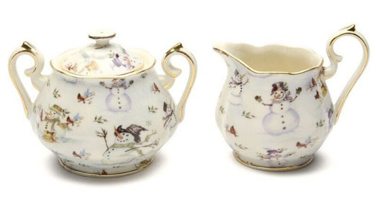 Snowman Creamer and Sugar Set, Porcelain with Metallic Decal, Gold Trim