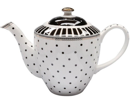 Modern Black Polka Dot Fine Porcelain Teapot, Tea Pot with Metallic Accent