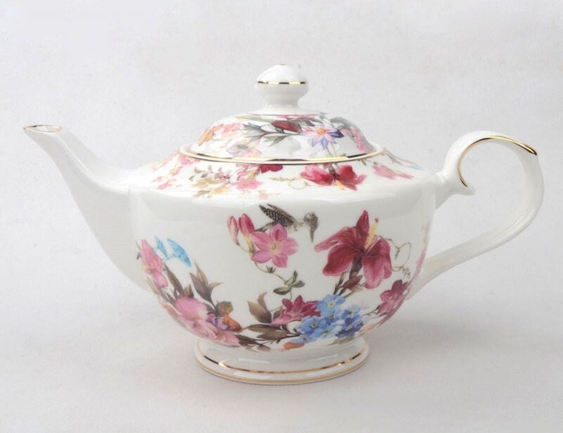 Summertime Vines Porcelain Teapot, Floral Tea Pots with Gold Trim