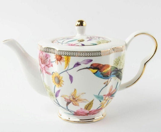 Blooms and Birds Porcelain Teapot, Floral Tea Pots with Gold Trim