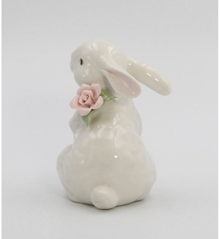 Bunny with Pink Rose Figurine, Home Accent, Easter Decor, Kitchen Decor