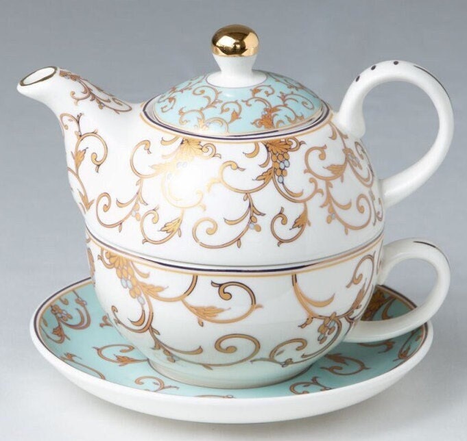 Aqua Scroll Fine Porcelain Teapot for One, Tea Pot with Metallic Accent