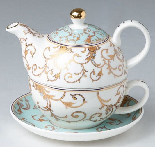 Aqua Scroll Fine Porcelain Teapot for One, Tea Pot with Metallic Accent