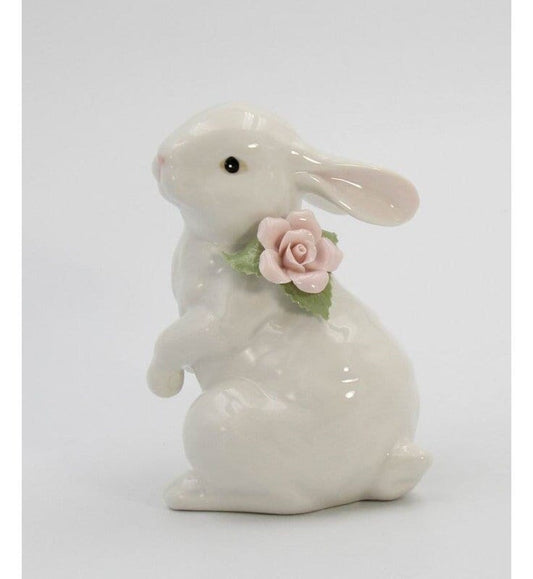 Bunny with Pink Rose Figurine, Home Accent, Easter Decor, Kitchen Decor