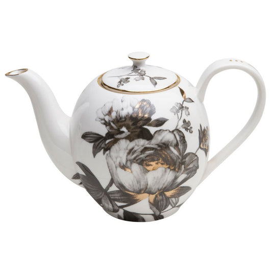 Black and Gold Peony Tall Porcelain Teapot