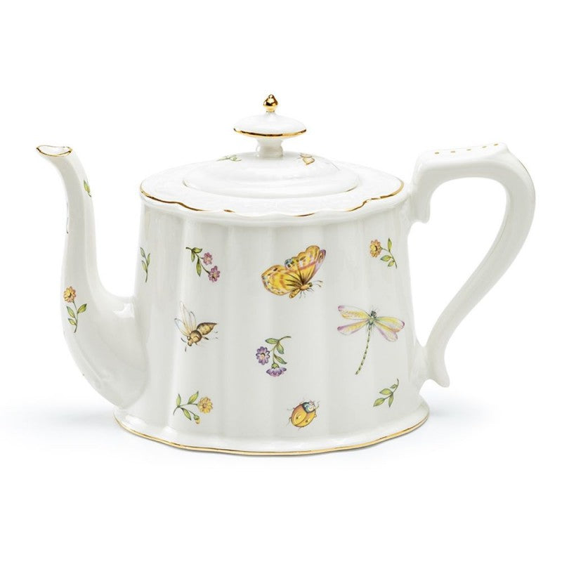 Dragonfly Butterfly Porcelain Teapot, Tea Pot with Gold Trim