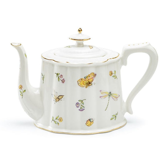 Dragonfly Butterfly Porcelain Teapot, Tea Pot with Gold Trim