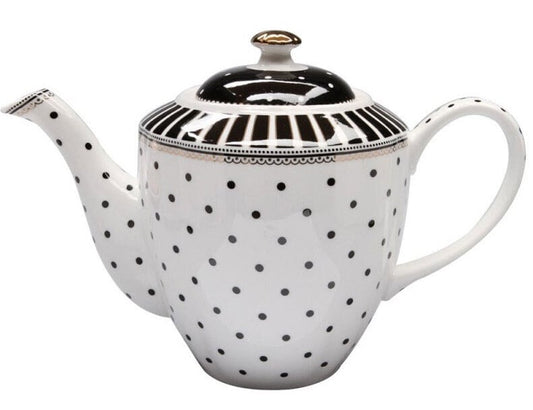 Anniversary Gift, Modern Black Polka Dot Fine Porcelain Teapot, Tea Pot with Metallic Accent