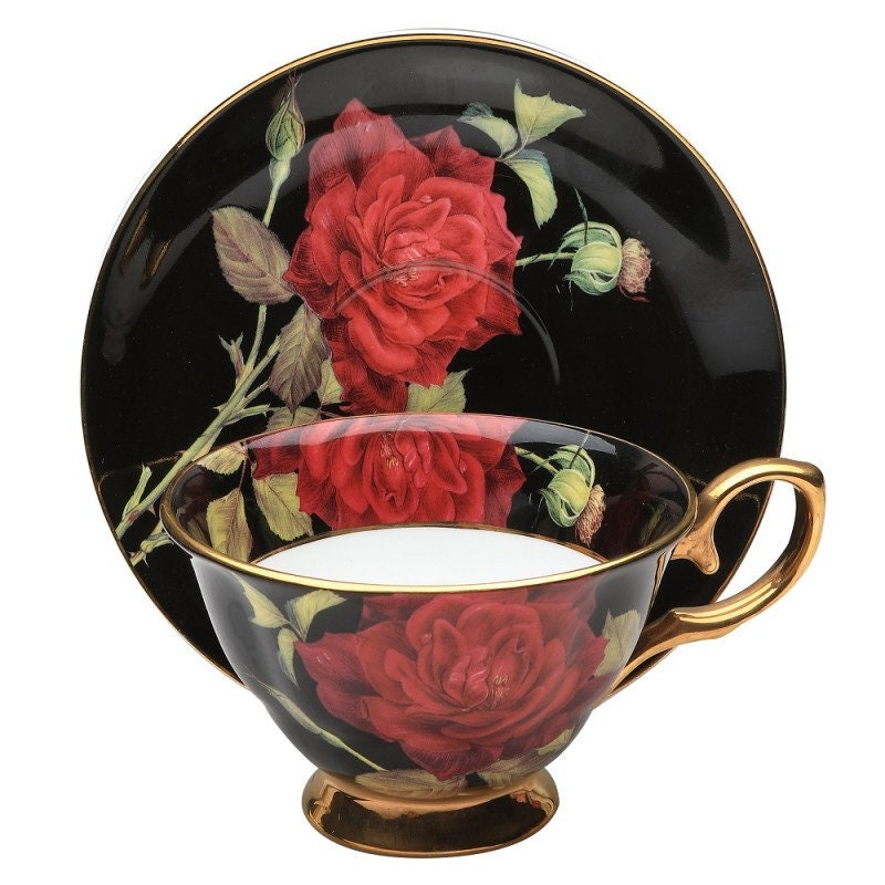 Golden Red Rose Bone China Cup and Saucer, Tea Cups and Saucers
