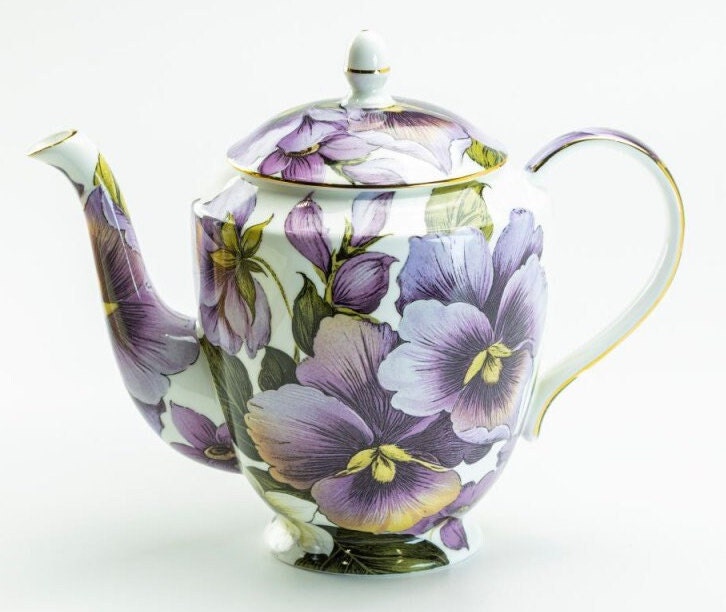 Purple Pansy Bone China Teapot, Gold Trimmed Tea Pot