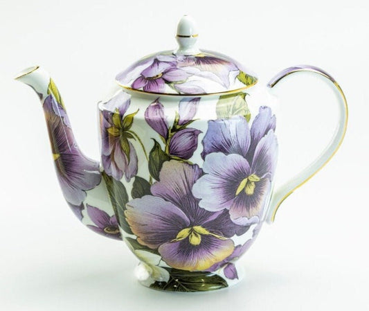 Purple Pansy Bone China Teapot, Gold Trimmed Tea Pot