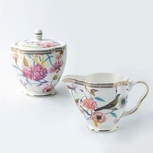 Blooms and Birds Creamer and Sugar Set, Porcelain with Metallic Decal, Gold Trim