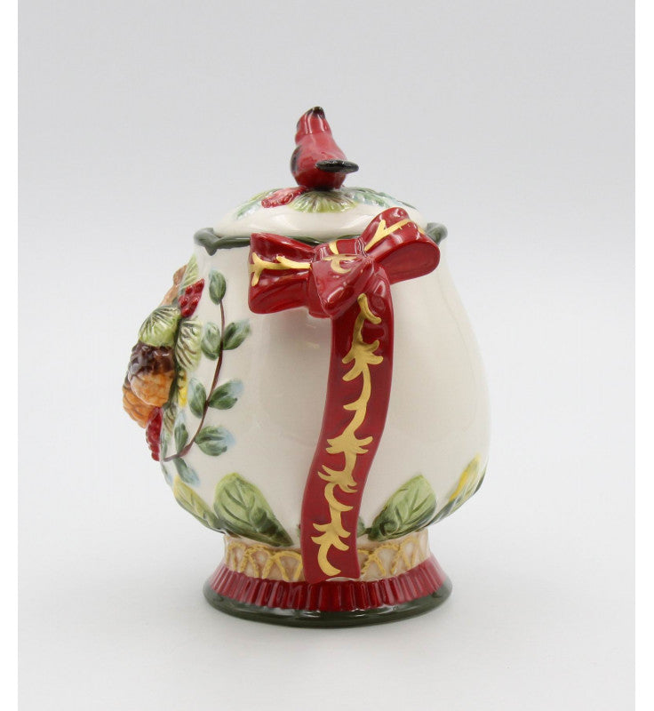 Evergreen Holly Teapot with Cardinal Knob, Hand-Painted Ceramic Tea Pot