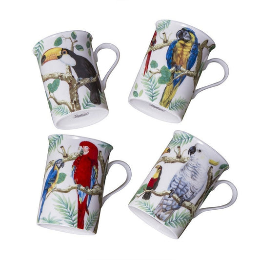Tropical Parrots Bone China Mugs - Set of 4