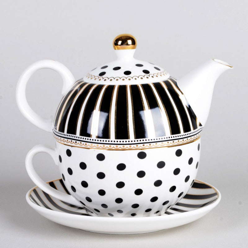 Modern Black Polka Dot Porcelain Teapot for One Boxed