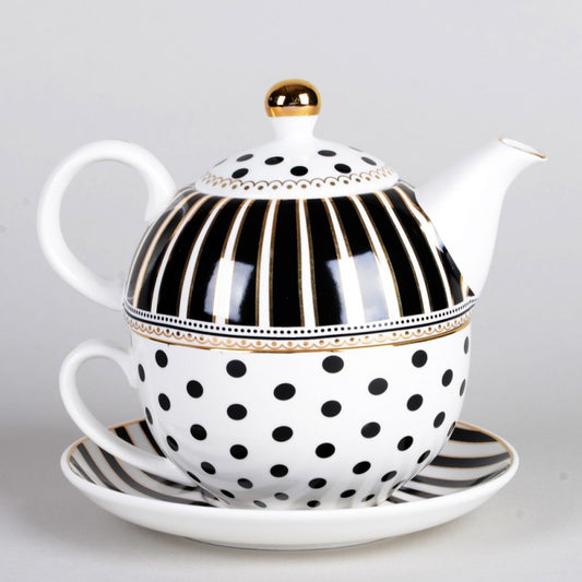 Modern Black Polka Dot Porcelain Teapot for One Boxed