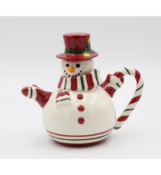Snowman Ceramic Christmas Teapot with Candy Cane Handle - Holiday Tea Pot
