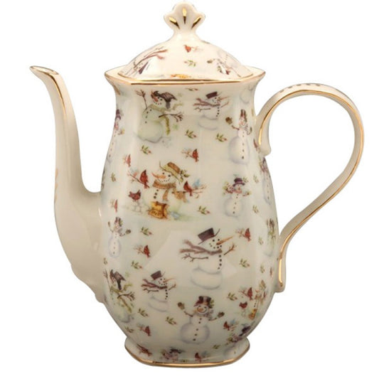 Snowman Fine Porcelain Teapot, Chocolate Pot, Tea Pot with Metallic Accent