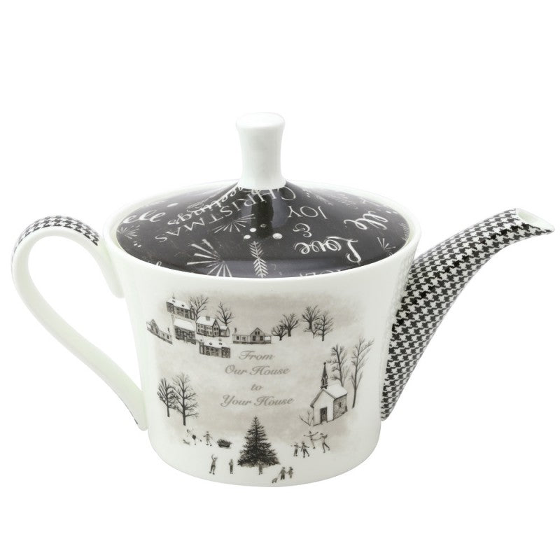 Winter Wonderland Bone China Teapot, "From Our House to Your House" Black and White Tea Pot, Christmas Teapot
