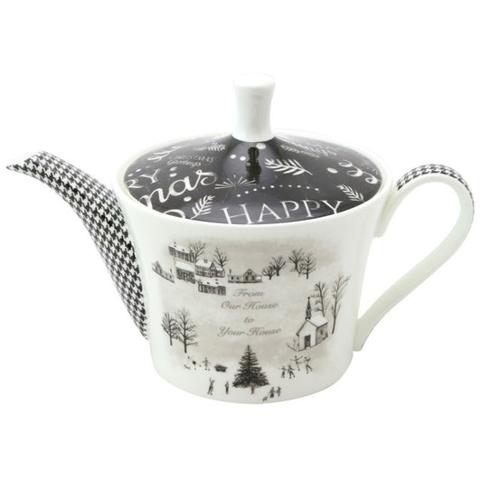Winter Wonderland Bone China Teapot, "From Our House to Your House" Black and White Tea Pot, Christmas Teapot